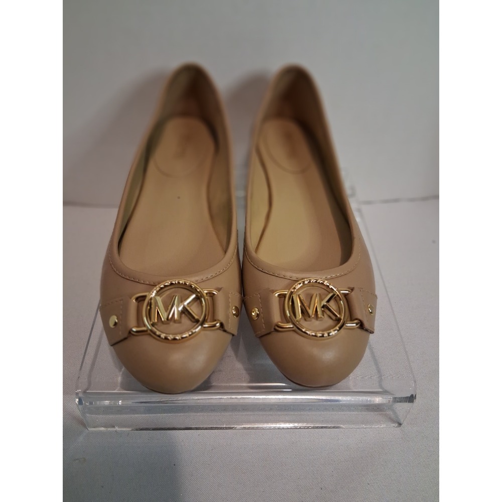 Michael Michael Kors Fulton Moc Tan Leather Ballet Flats Gold Logo Medallion 8.5